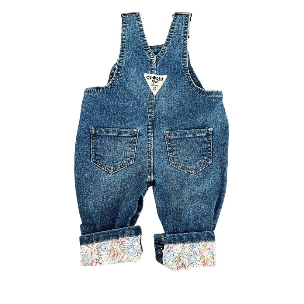OshKosh B'gosh Denim Bib Overall Girls 3 mos Blue Floral Trim Sweet Cottagecore